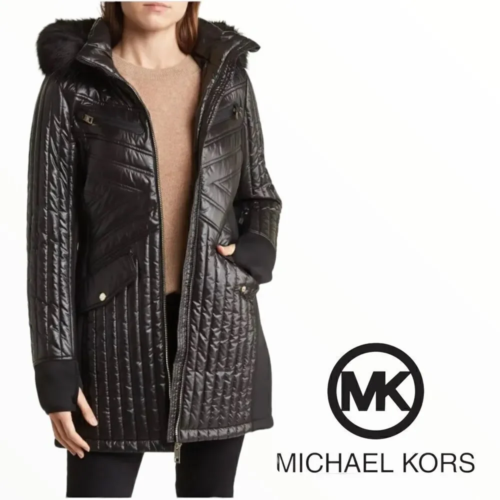 MICHAEL KORS Black Water Resistant Quilted Faux Fur Hood Jacket NWT Size S
